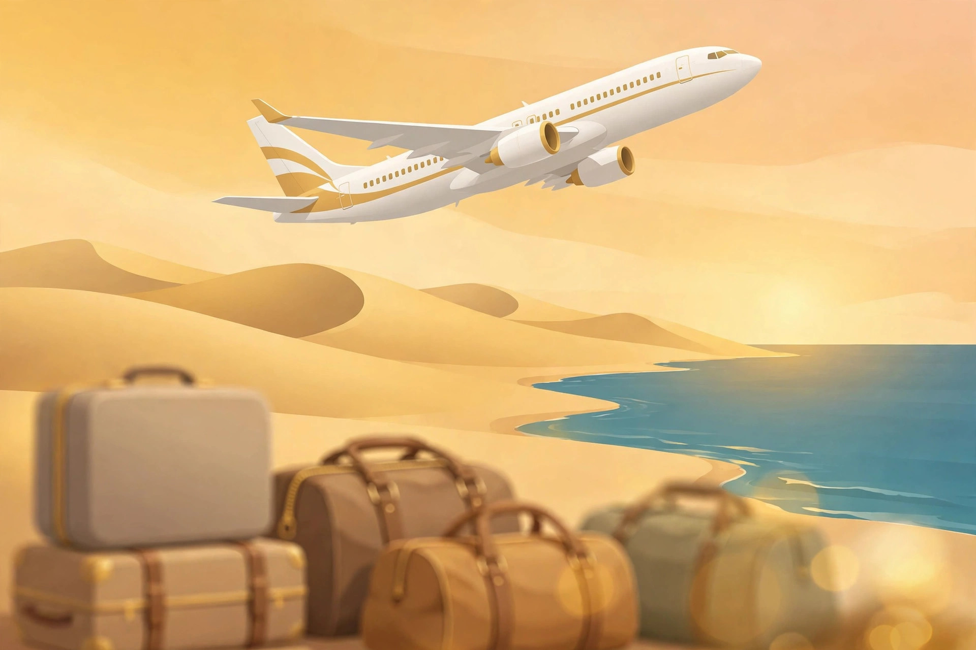 Emirates baggage allowance 2026 guide — passenger jet over desert and coastline with checked suitcases.
