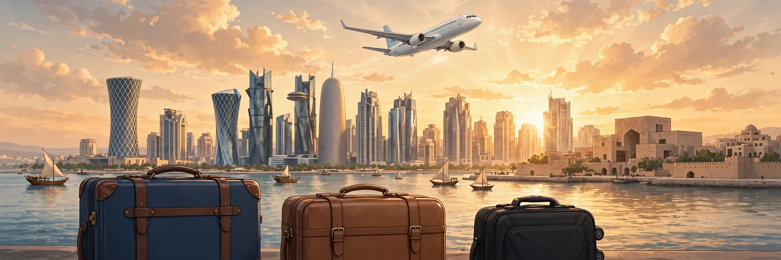 Qatar Airways baggage allowance 2026 guide — passenger airplane above the Doha skyline with checked suitcases.